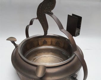 Art Deco Ashtray with Unique Bird Cigar Cutter - Brass & Glass Insert - Antique 20s 30s