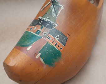 vintage wooden clog - hand-painted - windmill - Dutch