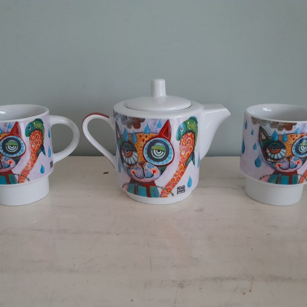 Michelle Allen cat set porcelain teapot and 2 cups - Enesco France