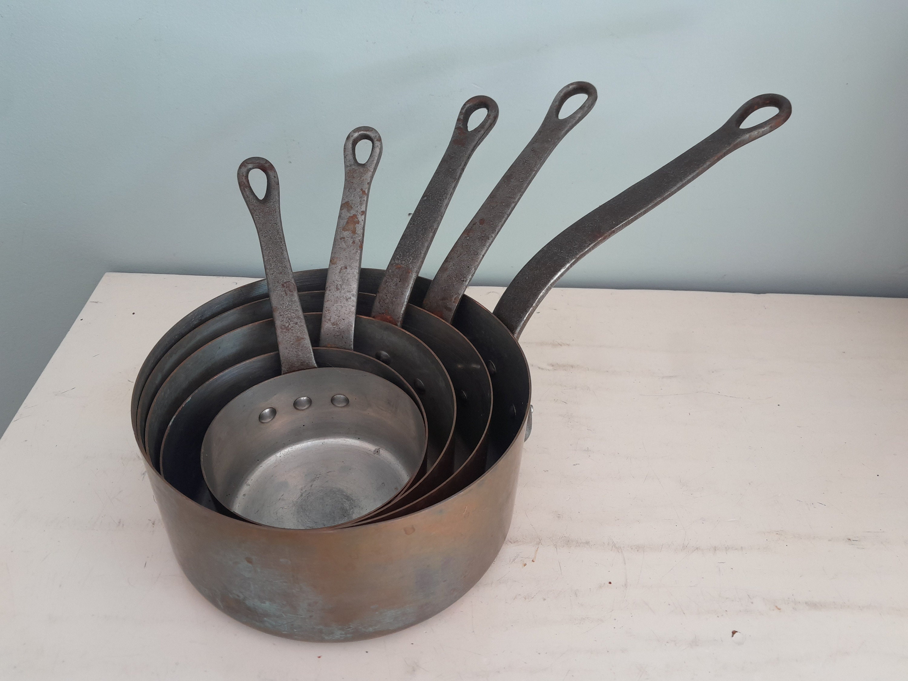 set of 5 vintage French copper pans - saucepans