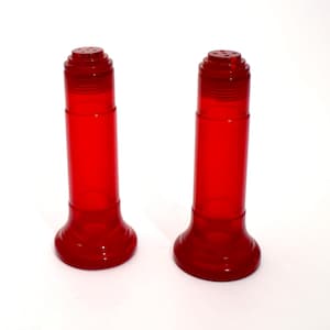Red transparent Bakelite Salt and Pepper Shakers, 1940s, USA