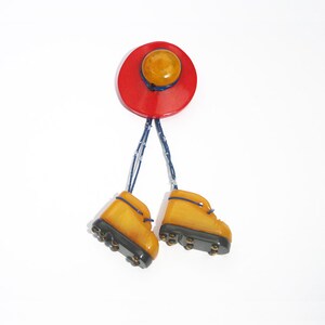 Hat and Walking Boots Brooch, 1930s, USA  // Machine Age Jewelry // Yellow and Red Pin
