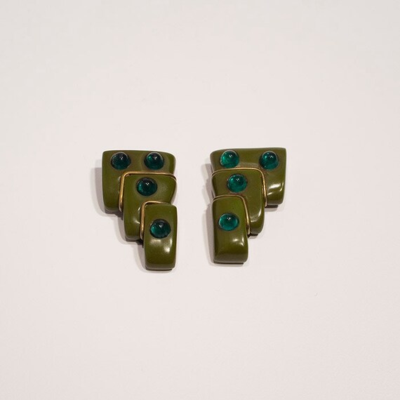 Green Bakelite and Glass Dress Clips, 1930s, USA