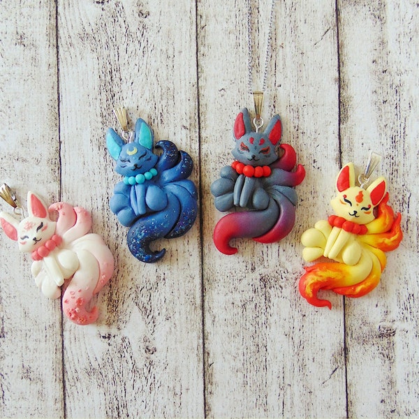 Kitsune Nine Tailed Fox Necklace - Polymer Clay Jewelry