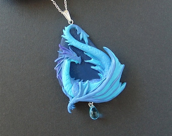 Blue Polymer Clay Water Dragon Necklace - Unique Fantasy Jewelry