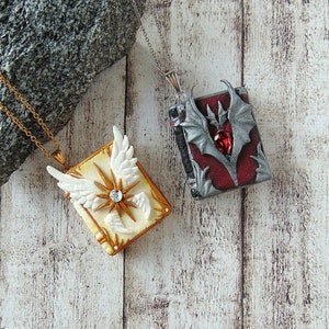Light and Darkness Book Necklace - Polymer Clay Fantasy Jewelry with Swarovski Elements