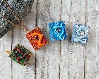 Elemental Magic Book Necklace - Polymer Clay Fantasy Jewelry with Swarovski Elements