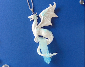 Ice Dragon Necklace - Polymer Clay Jewelry - Dragon Jewelry - Winter Dragon Pendant - White Dragon Necklace - Fantasy Jewelry