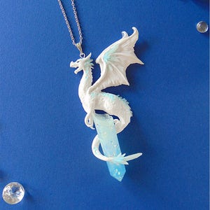 Ice Dragon Necklace - Polymer Clay Jewelry - Dragon Jewelry - Winter Dragon Pendant - White Dragon Necklace - Fantasy Jewelry