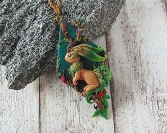 Earth Bunny Necklace - Polymer Clay Fantasy Jewelry - Earth Element - Handmade Jewelry