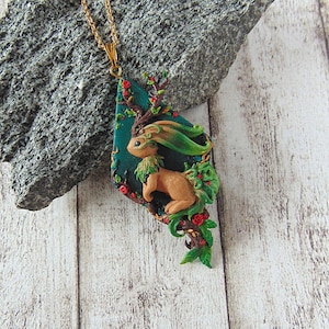 Earth Bunny Necklace - Polymer Clay Fantasy Jewelry - Earth Element - Handmade Jewelry