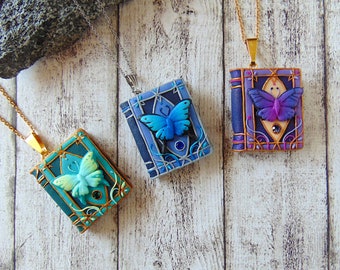 Butterfly Fairy Spell Book Necklace Polymer Clay Fantasy Jewelry