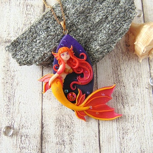 Orange Pink Polymer Clay Mermaid Necklace - Handmade Mermaid Jewelry - Fantasy Jewelry