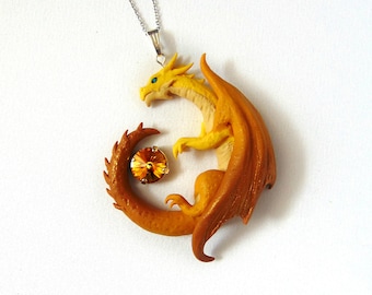 Yellow Dragon Polymer Clay Necklace with Silver Stainless Steel Chain - Dragon Jewelry - Fantasy Jewelry - Dragon Pendant