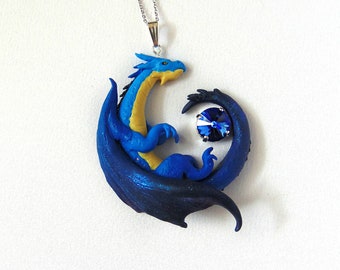 Blue Polymer Clay Dragon Necklace - Dragon Jewelry - Polymer Clay Dragon - Fantasy Jewelry - Blue Dragon Pendant