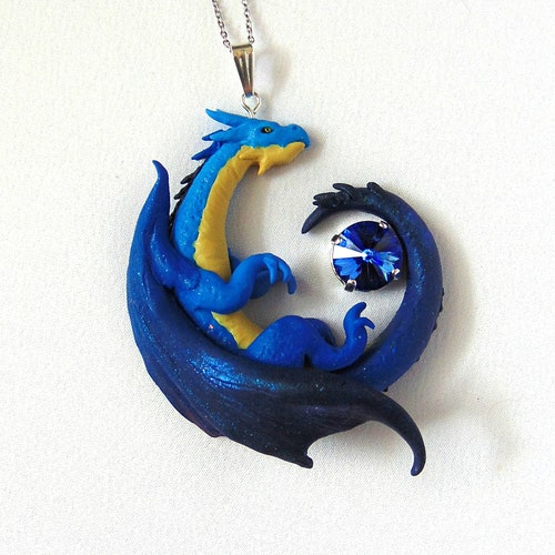 Blue Polymer Clay Water Dragon Necklace Unique Fantasy Etsy