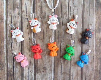 Maneki Neko Lucky Cat Polymer Clay Necklace - Good Luck Charm - Good Luck Gift