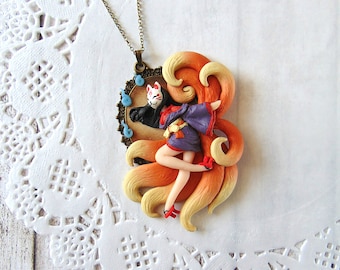 九尾の狐ネックレス - ポリマー粘土ジュエリー - ファンタジージュエリー - 手作りペンダント