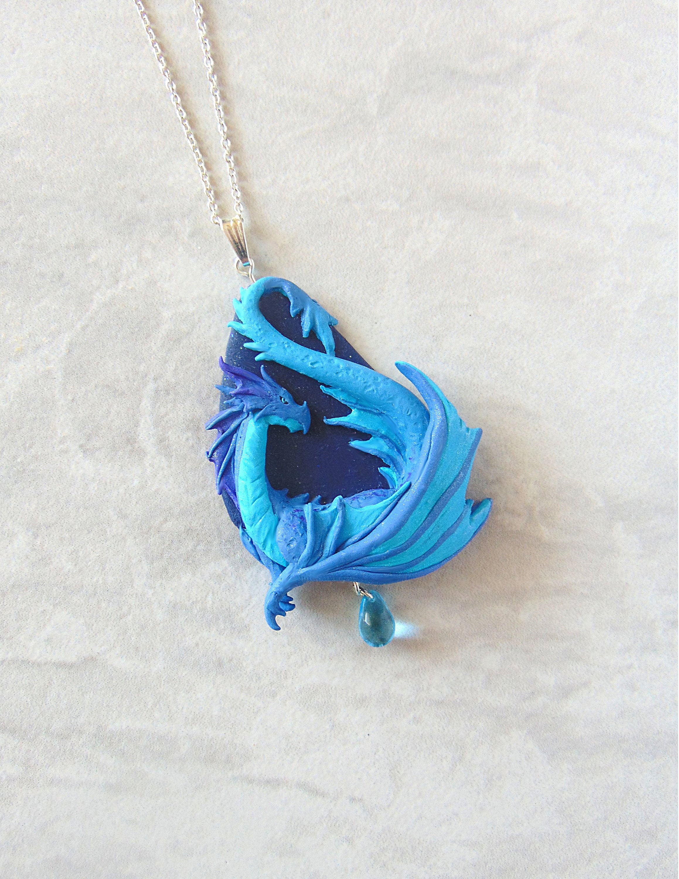 Blue Polymer Clay Water Dragon Necklace Unique Fantasy Etsy