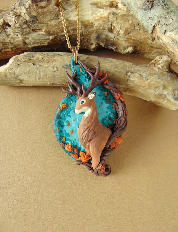 Polymer Clay Deer Necklace - Animal Jewelry - Woodland