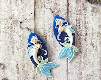White Blue Statement Mermaid Earrings - Fantasy Jewelry