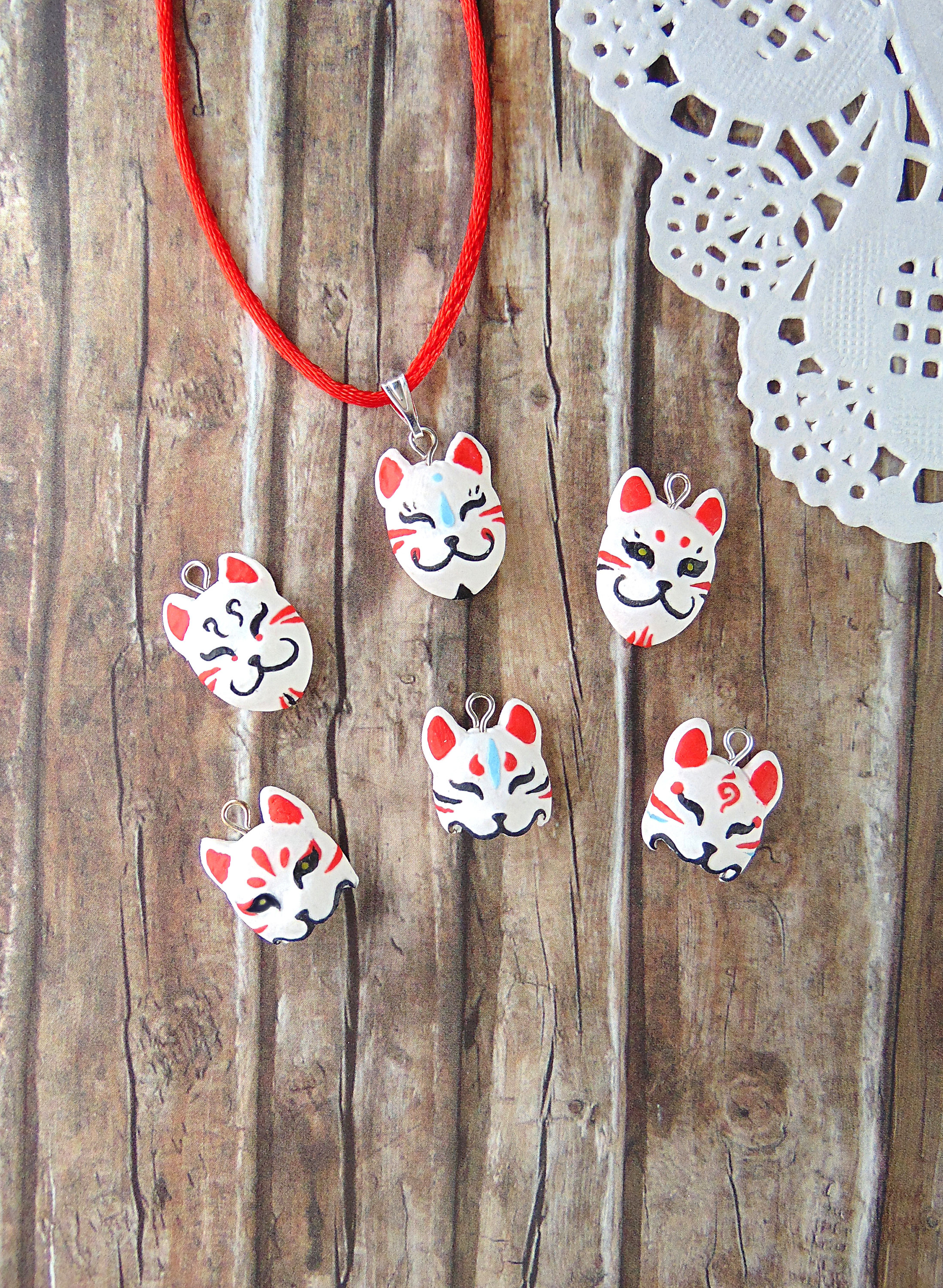 Kitsune Fox Mask Pendant - Polymer Clay Jewelry - Japanese