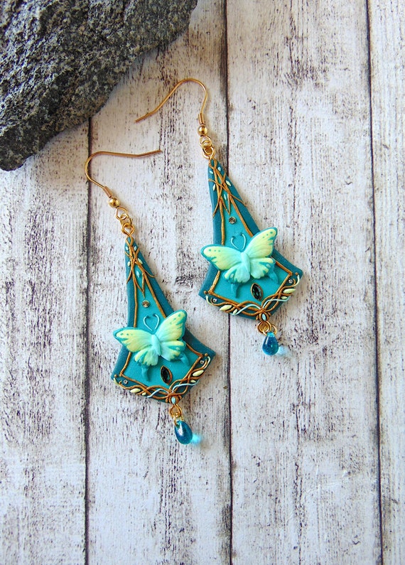 Green Butterfly Fairy Earrings Polymer Clay Fantasy Jewelry With