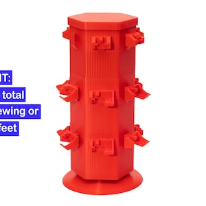 May include: A red, hexagonal sewing foot holder. The holder has multiple levels with slots to hold sewing or serger feet. Text on the left reads "FULL KIT: Holds a total of 18 sewing or serger feet."