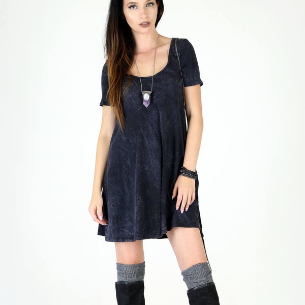 Acid Mineral Washed Fit & Flair Short Sleeve Cotton Swing Dress