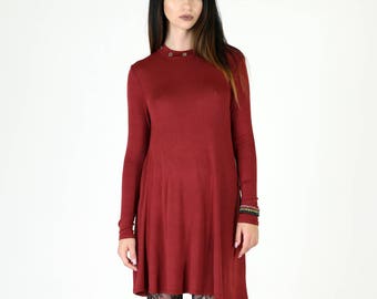 Ultra Soft Wine Red Jersey Fit and Flair Swing Dress