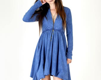 Long Sleeve Grecian Goddess Pocket Dress - Blue