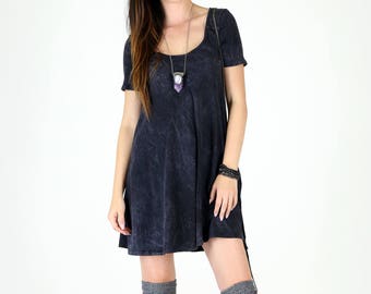 Acid Mineral Washed Fit & Flair Short Sleeve Cotton Swing Dress