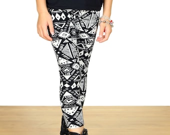 Girls/Kids Black Aztec Printed Leggings for Riot Grrrls, Punk and Goth Kids