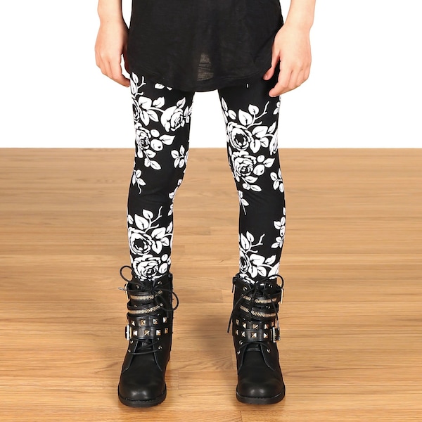 SALE !!!!!Kids/Girls Grunge 90's Black and White Floral Leggings