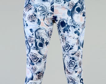 Pastel Grunge Rose and Skull Printed Leggings - S/M/L/XL