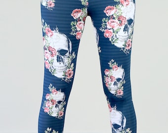 Gothic Rose and Skull Printed Leggings - S/M/L/XL