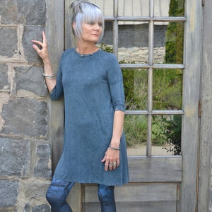 Sale Blue Vintage Wash 3/4 Sleeve Grommet detailed Fit and Flair Dress.