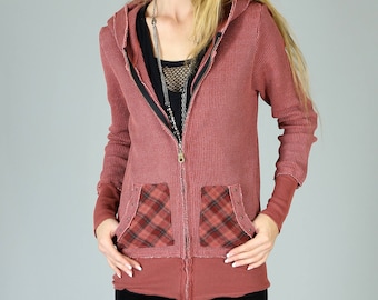 90's Seattle Grunge Thermal Tunic Hoodie, Vintage Burgundy Red