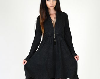 Long Sleeve Grecian Goddess Pocket Dress - Solid Black