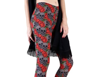 Gothic Rose and Skull Catacomb Printed Leggings - One Size