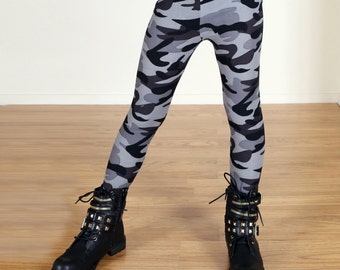 Girls/Kids Black and Gray Camo Printed Leggings for Riot Grrrls, Punk and Goth Kids
