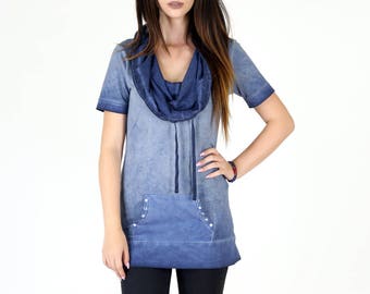 Acid Wash Cotton Short Sleeve Cowl Neck Tunic Top