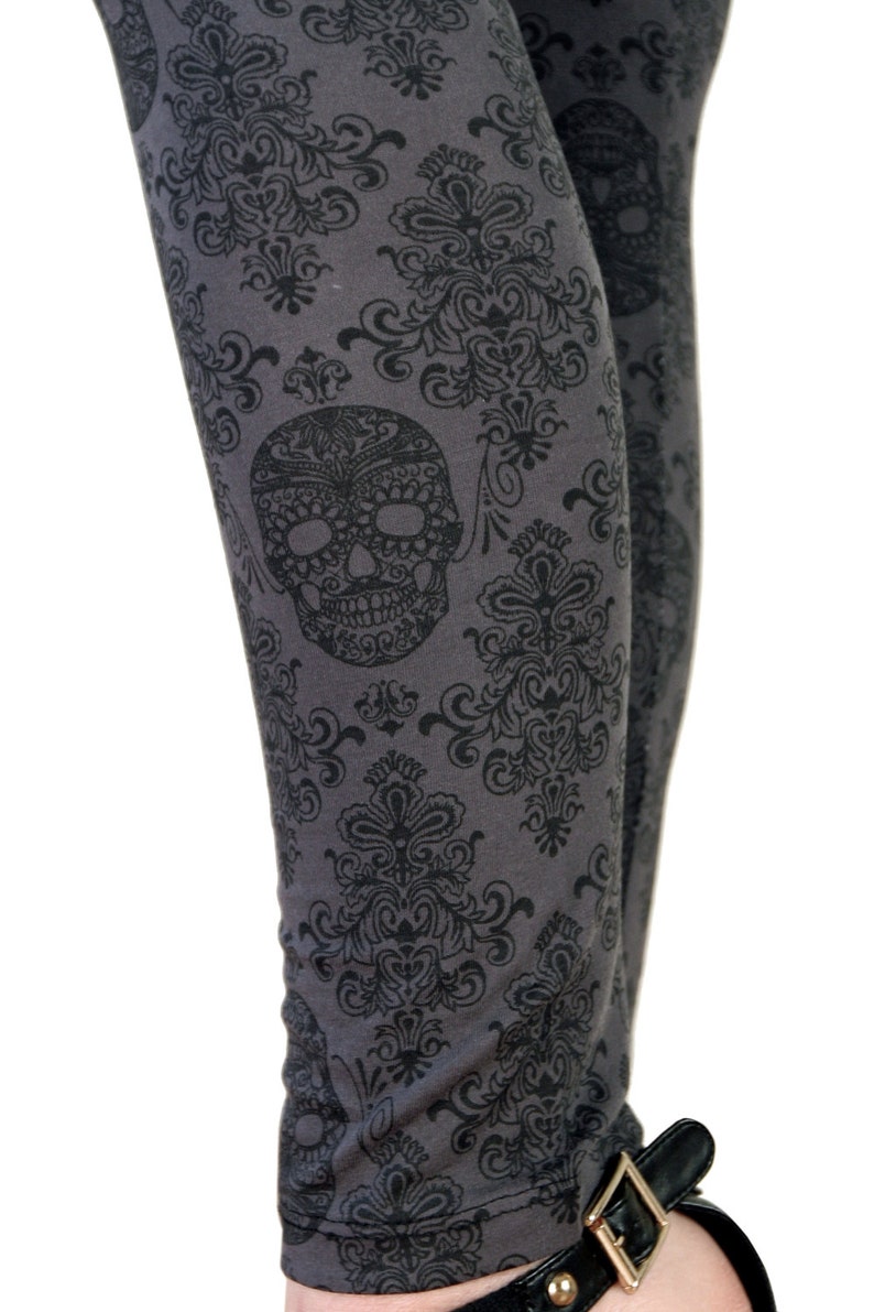 SALE Gray and Black Day of the Dead Skull Print Leggings image 1