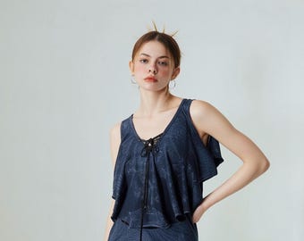 Black Acid Wash Tank With Ruffle And Lace Up Front Size Small