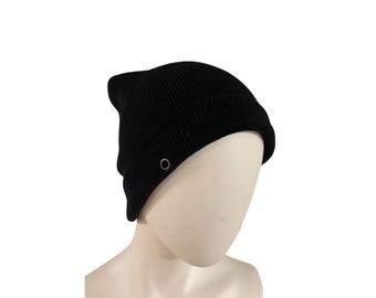 Black Slouch Fitted Grommet Beanie, OneSize