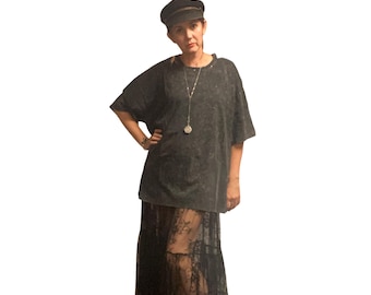 Black Acid Wash Oversized Tee  , Studded Neckline