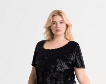 Sale! Velvet, Black ,Studded, Crop Top , witchy, Large/XLarge