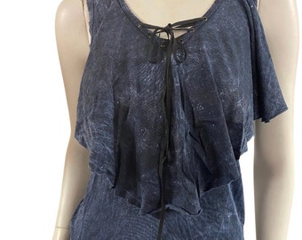 Black Acid Wash Tank with ruffle and lace up front size small