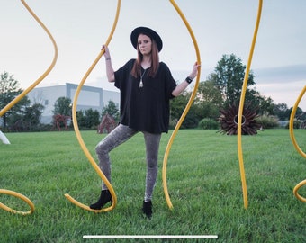 Grunge goth, Black oversized linen  tunic top , studded neckline