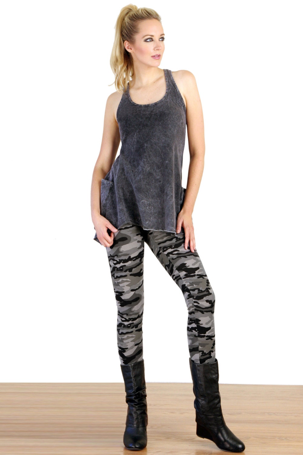 Girls/kids Black and Gray Camo Printed Leggings for Riot Grrrls